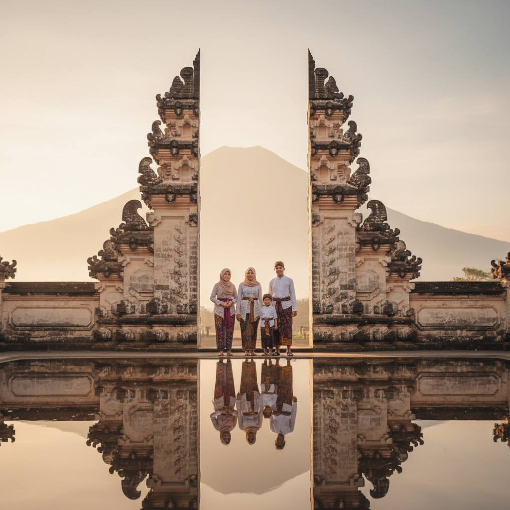 Muslim family in traditional Balinese attire at a temple gate, ideal for halal Bali tourism.