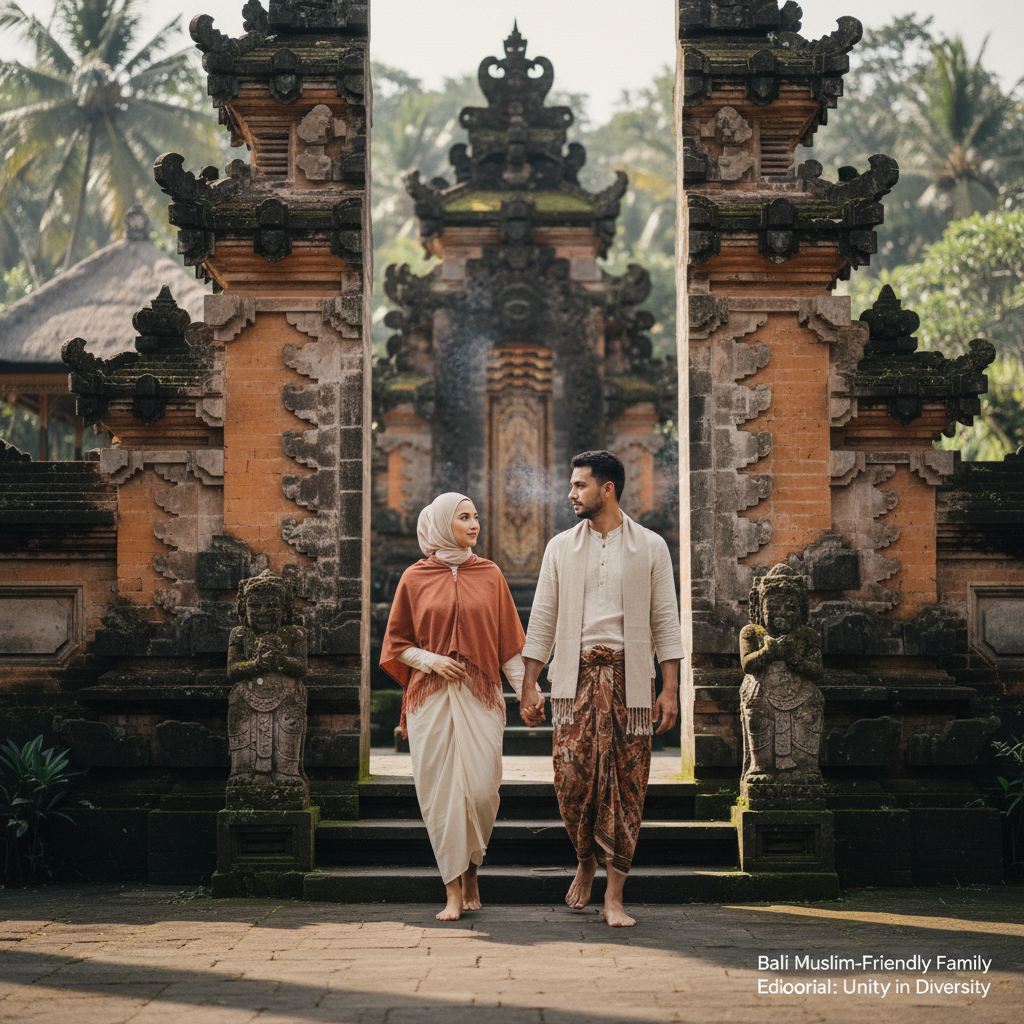 Muslim couple holding hands, exploring a beautiful Balinese temple gate, perfect for halal Bali tourism.