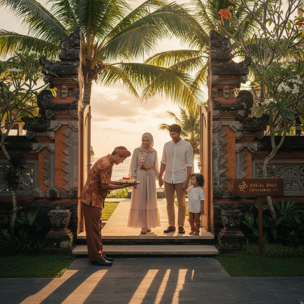 A Muslim family is warmly welcomed by a Balinese concierge at a traditional gate, highlighting halal Bali tourism.