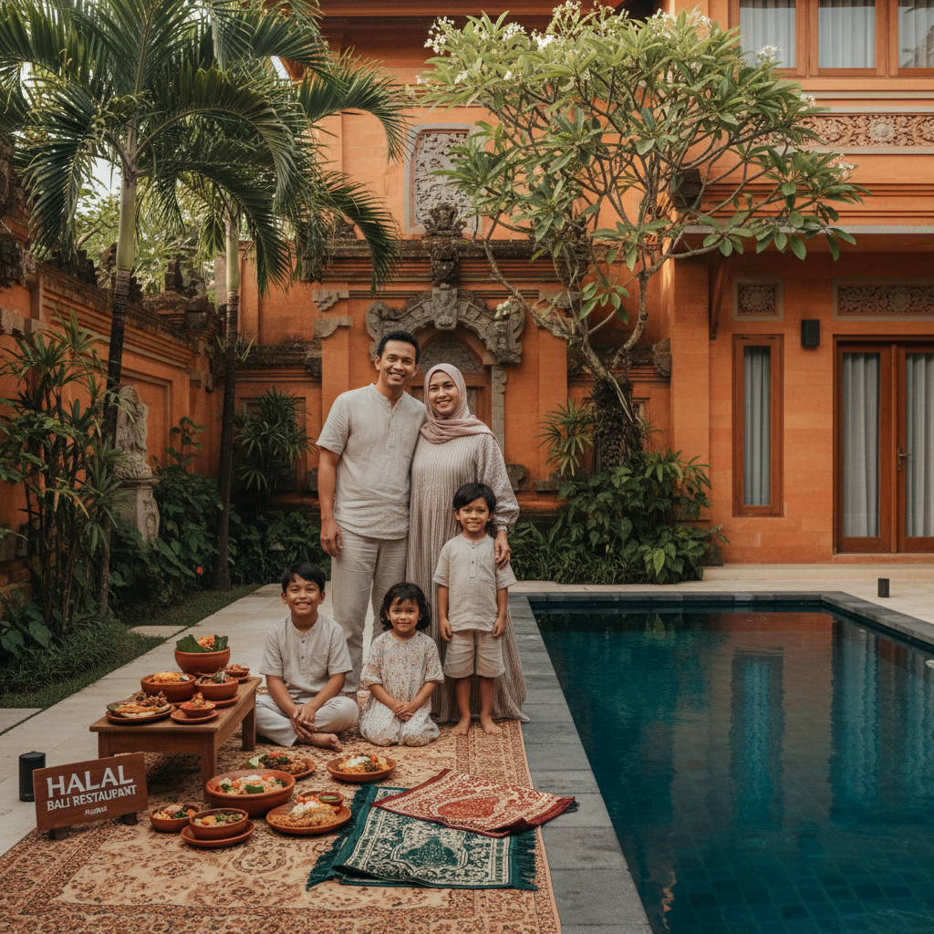 Halal Bali tourism: Muslim family enjoying a poolside meal at a luxury Balinese villa.