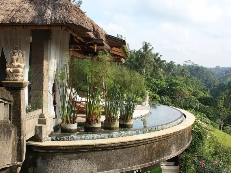 Terraced resort architecture above the Ayung valley, Ubud, Bali