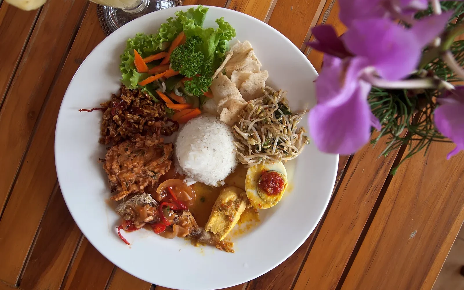 Nasi campur rice dish served in Ubud, Bali