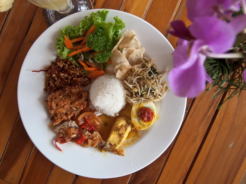 Nasi campur rice dish served in Ubud, Bali
